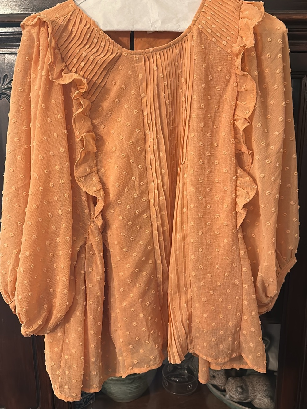 easel Peach Swiss Dot Ruffle Pintuck Blouse